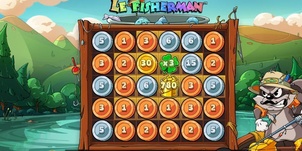Le Fisherman demo med Smokey, mønter og fisketema på spillefeltet